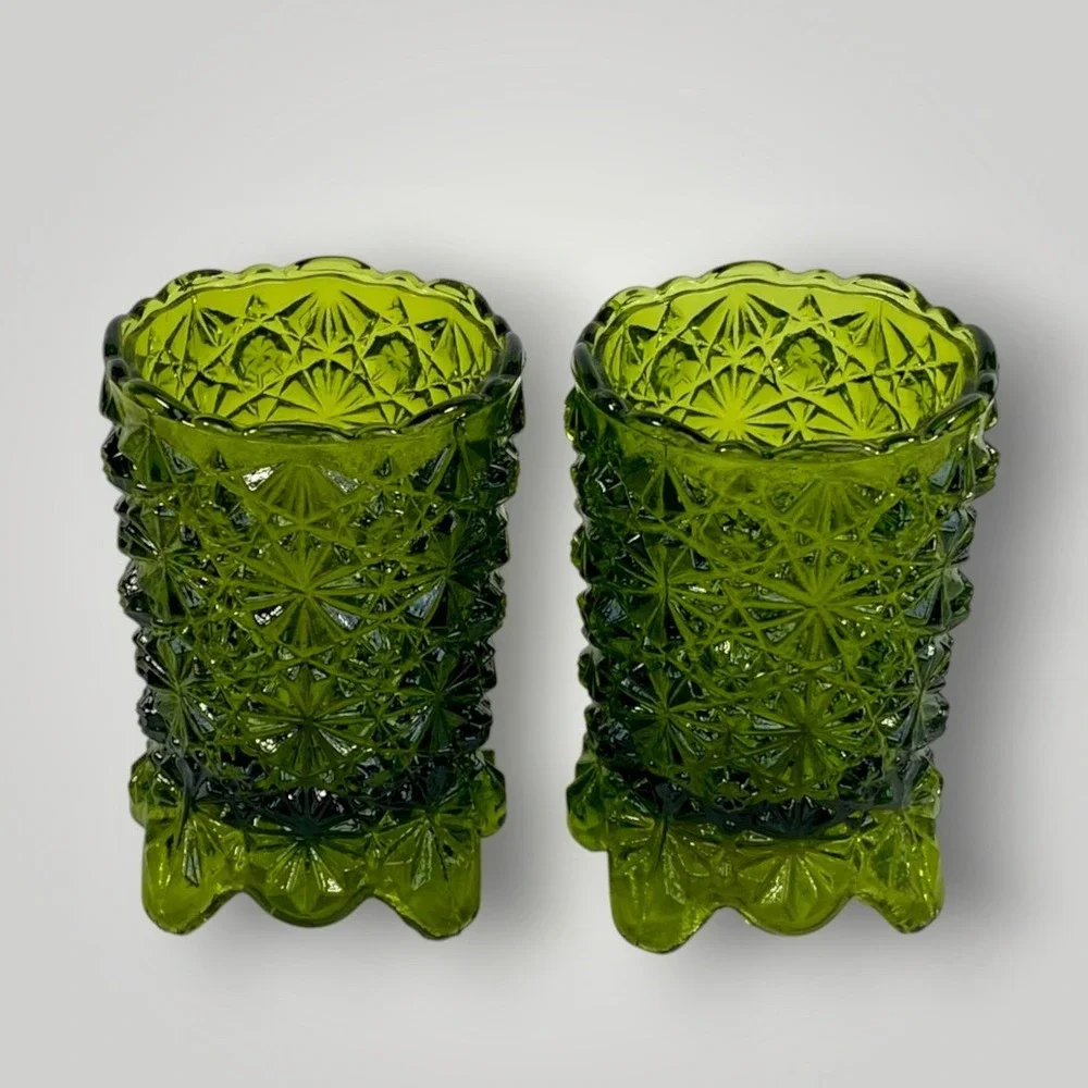 HOMCO Avocado Green Glass Votive Candle Holders Daisy Button Pair 1970s